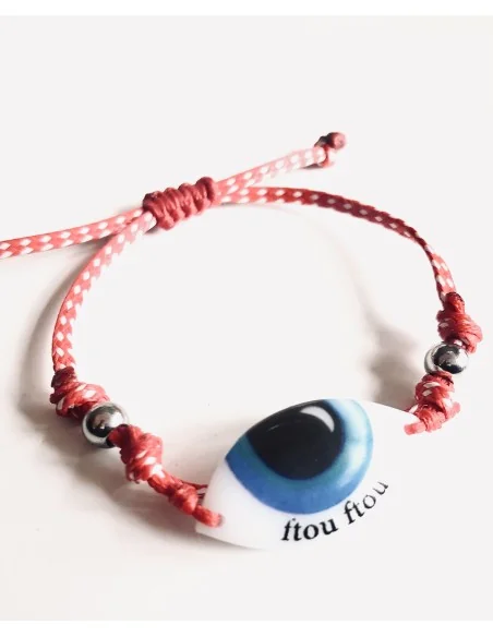 Βραχιόλι μαρτάκι με μάτι σε λευκό και μπλε σε δίχρωμο κορδόνι σε κόκκινο και άσπρο και ατσάλινες μπίλιες Martaki