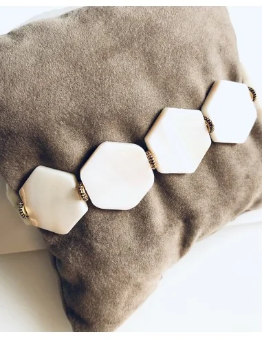 Χειροποίητο γυναικείο βραχιόλι από εξάγωνα στοιχεία φίλντισι και κύλινδρους από ατσάλι Silia