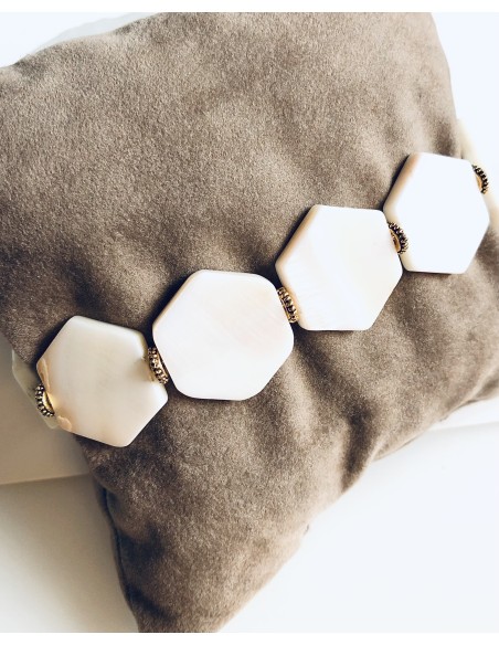 Χειροποίητο γυναικείο βραχιόλι από εξάγωνα στοιχεία φίλντισι και κύλινδρους από ατσάλι Silia