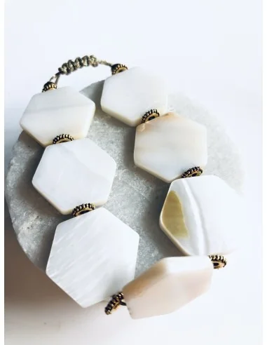 Χειροποίητο γυναικείο βραχιόλι από εξάγωνα στοιχεία φίλντισι και κύλινδρους από ατσάλι Silia