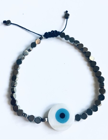 Χειροποίητο βραχιόλι σε μαύρο ή χρυσό με πέτρες αιματίτη και στοιχείο μάτι από φίλντισι σε λευκό και γαλάζιο  Mata Χειροποίητο βραχιόλι σε μαύρο ή χρυσό με πέτρες αιματίτη και στοιχείο μάτι από φίλντισι σε λευκό και γαλάζιο  Mata
