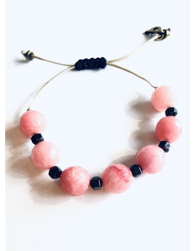 Χειροποίητο κόσμημα βραχιόλι με ημιπολύτιμες πέτρες ροζ Αχάτη και Αιματίτη σε μπεζ κορδόνι με αυξομείωση Korin