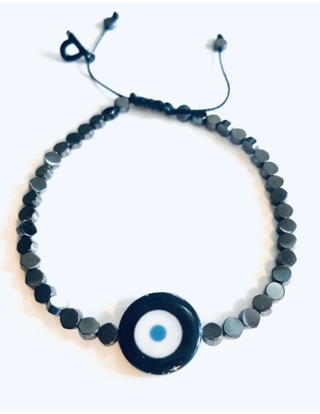 Χειροποίητο βραχιόλι σε μαύρο ή χρυσό με πέτρες αιματίτη και στοιχείο μάτι από φίλντισι σε λευκό και γαλάζιο  Mata Χειροποίητο βραχιόλι σε μαύρο ή χρυσό με πέτρες αιματίτη και στοιχείο μάτι από φίλντισι σε λευκό και γαλάζιο  Mata