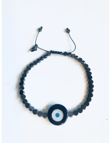 Χειροποίητο βραχιόλι σε μαύρο ή χρυσό με πέτρες αιματίτη και στοιχείο μάτι από φίλντισι σε λευκό και γαλάζιο  Mata Χειροποίητο βραχιόλι σε μαύρο ή χρυσό με πέτρες αιματίτη και στοιχείο μάτι από φίλντισι σε λευκό και γαλάζιο  Mata