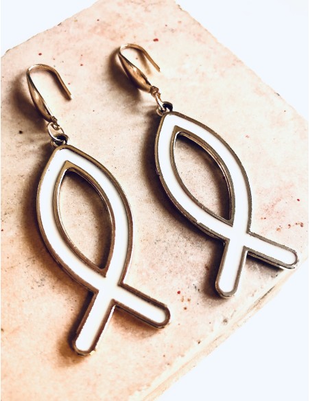 Χειροποίητο γυναικείο κόσμημα σκουλαρίκια ψαράκια σε λευκό και χρυσό Lorin