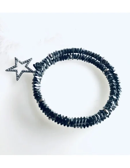 Χειροποίητο βραχιόλι 2 σειρών με ημιπολύτιμες πέτρες αιματίτη και κρεμαστό στοιχείο αστέρι με ζιργκόν Lisbon