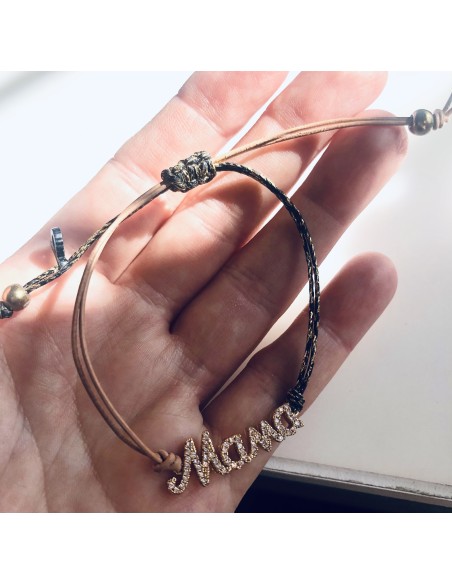 Χειροποίητο γυναικείο επίχρυσο βραχιόλι με ζιργκόν σε δίχρωμο διπλό κορδόνι  Mama