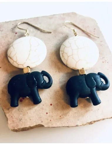 Κόσμημα σκουλαρίκια ελεφαντάκια με ορυκτή πέτρα Χαολίτη σε λευκό και επίχρυσο κυβάκι Baby Elephant