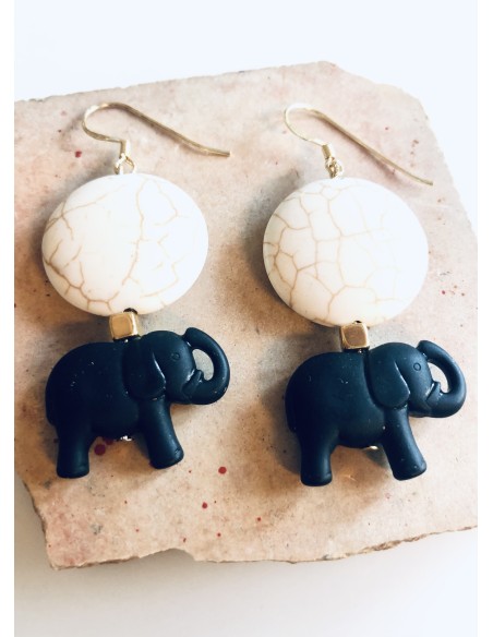 Κόσμημα σκουλαρίκια ελεφαντάκια με ορυκτή πέτρα Χαολίτη σε λευκό και επίχρυσο κυβάκι Baby Elephant
