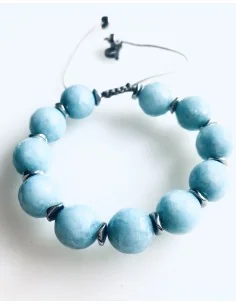 Χειροποίητο βραχιόλι με ημιπολύτιμες πέτρες Αχάτη σε τιρκουάζ ανοικτό και πέτρες αιματίτη σε ασημί Hawaii