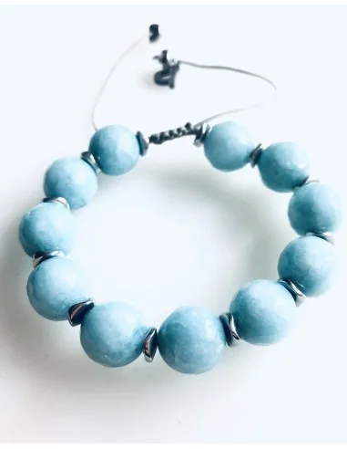 Χειροποίητο βραχιόλι με ημιπολύτιμες πέτρες Αχάτη σε τιρκουάζ ανοικτό και πέτρες αιματίτη σε ασημί Hawaii