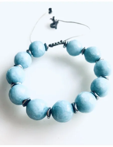 Χειροποίητο βραχιόλι με ημιπολύτιμες πέτρες Αχάτη σε τιρκουάζ ανοικτό και πέτρες αιματίτη σε ασημί Hawaii