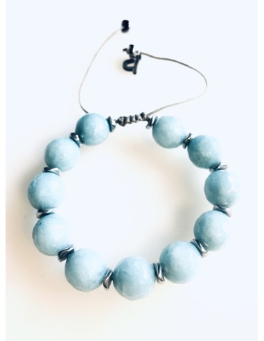 Χειροποίητο βραχιόλι με ημιπολύτιμες πέτρες Αχάτη σε τιρκουάζ ανοικτό και πέτρες αιματίτη σε ασημί Hawaii