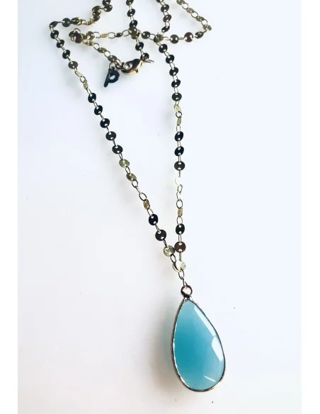 Χειροποίητο γυναικείο κολιέ με κρύσταλλο τιρκουάζ σε περίτεχνη επίχρυση αλυσίδα από ατσάλι Clouds