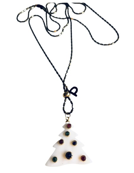 Χειροποίητο γυναικείο κολιέ από φίλντισι σε σχέδιο Έλατο σε λευκό με πολύχρωμα κρύσταλλα Christmas tree