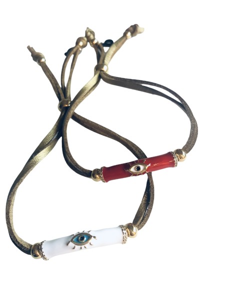 Χειροποίητο βραχιόλι μάτι σε λευκό ή κόκκινο σε σουέτ κορδόνι και επίχρυσες διακοσμητικές μπίλιες  Eye tube