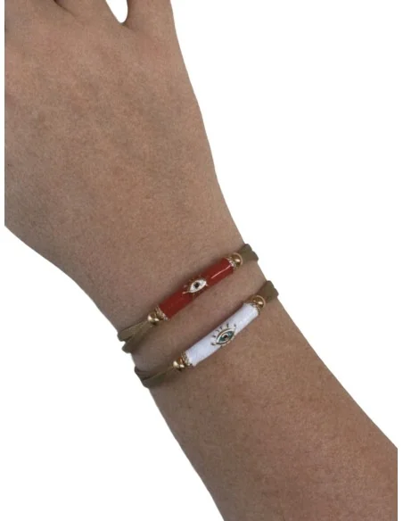 Χειροποίητο βραχιόλι μάτι σε λευκό ή κόκκινο σε σουέτ κορδόνι και επίχρυσες διακοσμητικές μπίλιες Eye tube