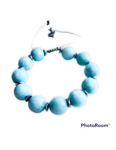 Χειροποίητο βραχιόλι με ημιπολύτιμες πέτρες Αχάτη σε τιρκουάζ ανοικτό και πέτρες αιματίτη σε ασημί Hawaii