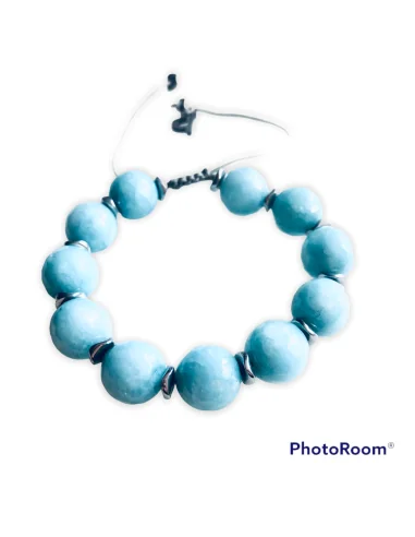 Χειροποίητο βραχιόλι με ημιπολύτιμες πέτρες Αχάτη σε τιρκουάζ ανοικτό και πέτρες αιματίτη σε ασημί Hawaii