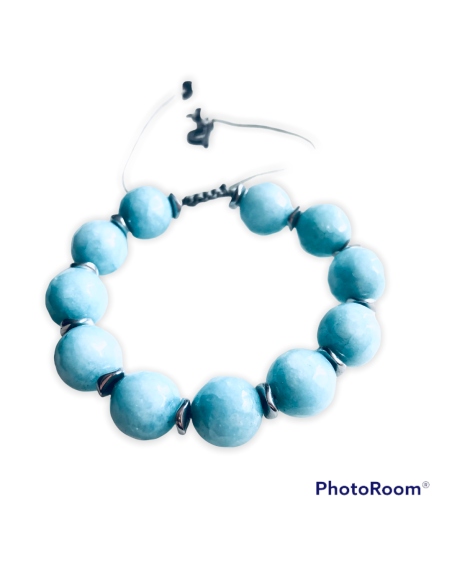 Χειροποίητο βραχιόλι με ημιπολύτιμες πέτρες Αχάτη σε τιρκουάζ ανοικτό και πέτρες αιματίτη σε ασημί Hawaii