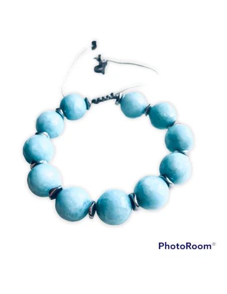 Χειροποίητο βραχιόλι με ημιπολύτιμες πέτρες Αχάτη σε τιρκουάζ ανοικτό και πέτρες αιματίτη σε ασημί Hawaii