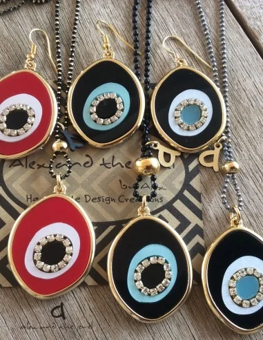 Χειροποίητο κόσμημα κολιέ με κρεμαστό στοιχείο μάτι σε 3 αποχρώσεις και ζιργκόν Ira