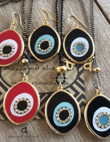 Χειροποίητο κόσμημα κολιέ με κρεμαστό στοιχείο μάτι σε 3 αποχρώσεις και ζιργκόν Ira