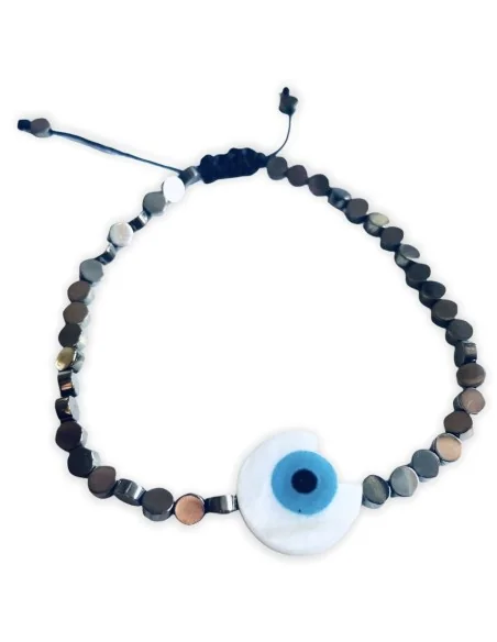 Χειροποίητο βραχιόλι σε μαύρο ή χρυσό με πέτρες αιματίτη και στοιχείο μάτι από φίλντισι σε λευκό και γαλάζιο Mata