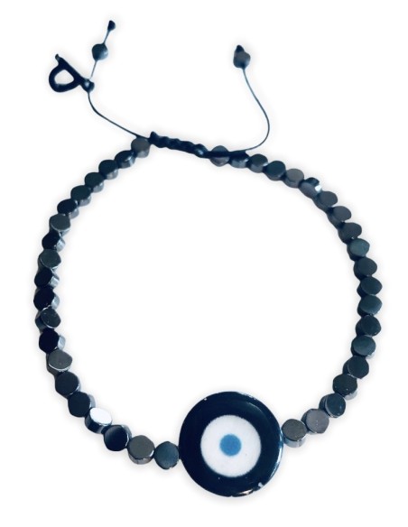 Χειροποίητο βραχιόλι σε μαύρο ή χρυσό με πέτρες αιματίτη και στοιχείο μάτι από φίλντισι σε λευκό και γαλάζιο  Mata Χειροποίητο βραχιόλι σε μαύρο ή χρυσό με πέτρες αιματίτη και στοιχείο μάτι από φίλντισι σε λευκό και γαλάζιο  Mata