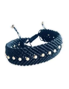 Χειροποίητο βραχιόλι με πλέξη μακραμέ σε μαύρο, γκρι και χρυσό με κρύσταλλα Τσεχίας κεντρικά Dildaα