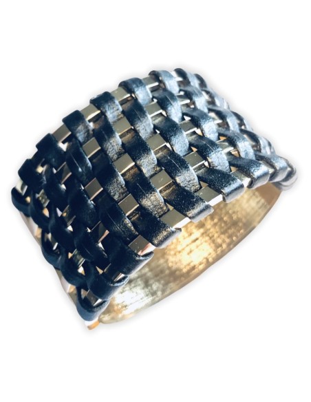 Statement βραχιόλι χειροπέδα σε χρυσό και μαύρο με δερμάτινο μέρος Stockholm