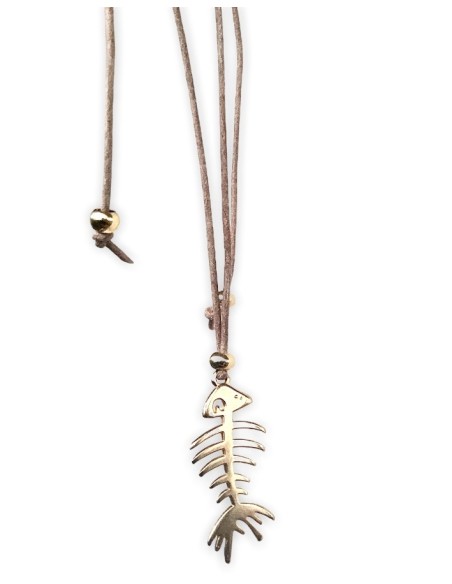 Χειροποίητο επίχρυσο κολιέ ψαροκόκκαλο σε δερμάτινο κορδόνι Fish madness