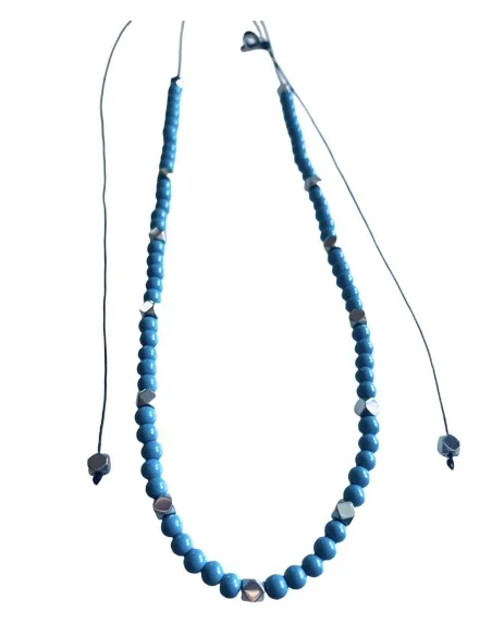 Χειροποίητο γυναικείο κολιέ με πέτρες Αχάτη σε γαλάζιο και πέτρες Αιματίτη ενδιάμεσα Kalla