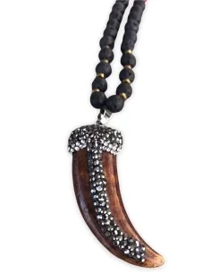 Γυναικείο κόσμημα κολιέ κρεμαστό ξύλινο δόντι με πέτρες Μαρκασίτη