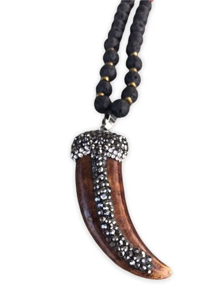 Γυναικείο κόσμημα κολιέ κρεμαστό ξύλινο δόντι με πέτρες Μαρκασίτη