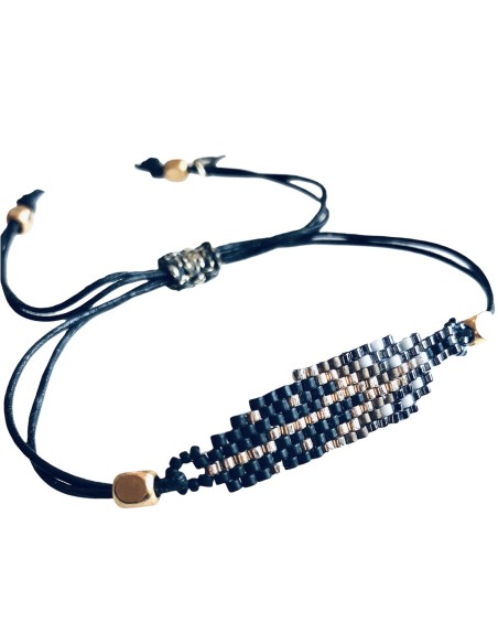 Βραχιόλι με στοιχείο από χάντρες Miyuki σε σχήμα τόξου σε γκρι, χρυσό και μαύρο χρώμα με επίχρυσα διακοσμητικά στοιχεία Sendai