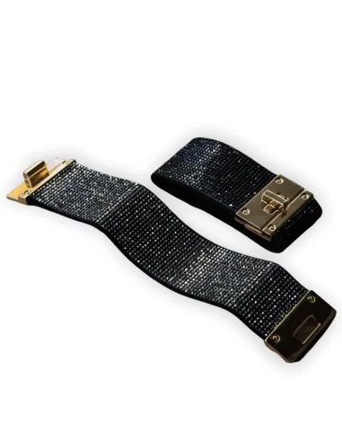 Κόσμημα βραχιόλι σταθερό, φαρδύ με στρας και επιχρυσωμένο σταθερό χρυσό κούμπωμα σε μαύρο και γκρι Sparkle