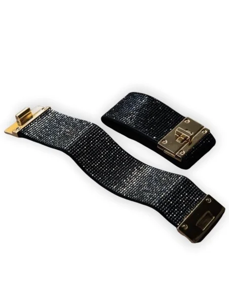 Κόσμημα βραχιόλι σταθερό, φαρδύ με στρας και επιχρυσωμένο σταθερό χρυσό κούμπωμα σε μαύρο και γκρι Sparkle Κόσμημα βραχιόλι σταθερό, φαρδύ με στρας και επιχρυσωμένο σταθερό χρυσό κούμπωμα σε μαύρο και γκρι Sparkle