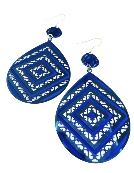 Κόσμημα σκουλαρίκια σε μπλε από ατσάλι σε οβάλ σχήμα με περίτεχνα γεωμετρικά σχέδια και γάντζους από ασήμι 925 Blue lagoon