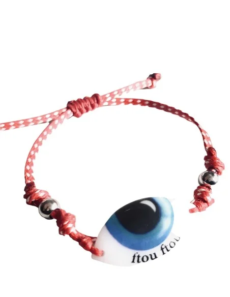 Βραχιόλι μαρτάκι με μάτι σε λευκό και μπλε σε δίχρωμο κορδόνι σε κόκκινο και άσπρο και ατσάλινες μπίλιες Martaki