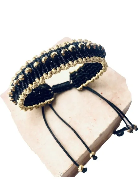 Χειροποίητο βραχιόλι μακραμέ σε μαύρο και χρυσό με χρυσά κρύσταλλα Venice