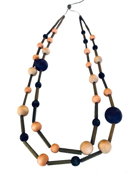 Χειροποίητο γυναικείο ξύλινο κολιέ σε μπεζ, λαδί και μπλε σκούρο Space