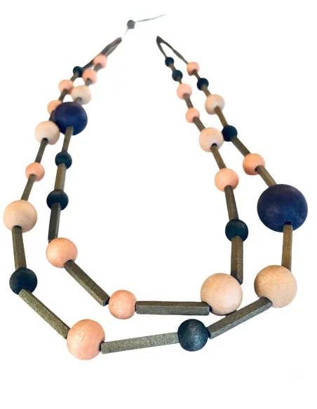 Χειροποίητο γυναικείο ξύλινο κολιέ σε μπεζ, λαδί και μπλε σκούρο Space