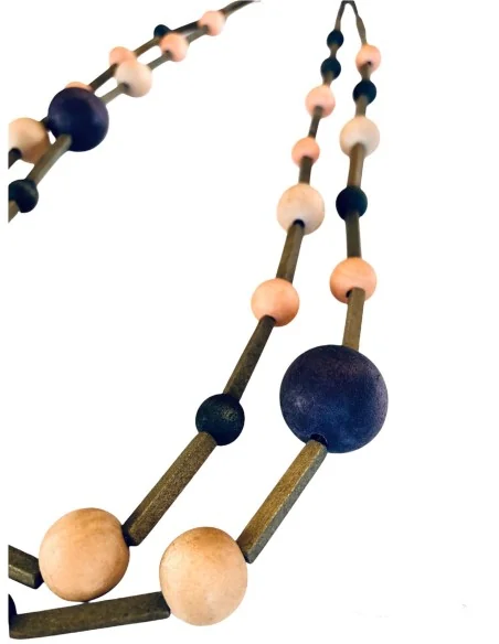 Χειροποίητο γυναικείο ξύλινο κολιέ σε μπεζ, λαδί και μπλε σκούρο Space