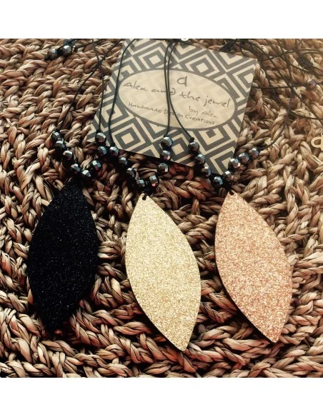 Χειροποίητο κολιέ κόσμημα με κρεμαστό φύλλο και ημιπολύτιμες πέτρες Αιματίτη Leaves