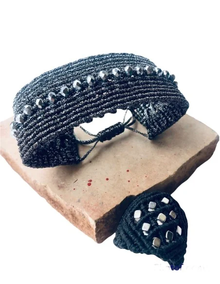 Χειροποίητο γυναικείο μακραμέ σετ βραχιόλι δαχτυλίδι με πέτρες Αιματίτη και κρύσταλλα Τσεχίας Starlight