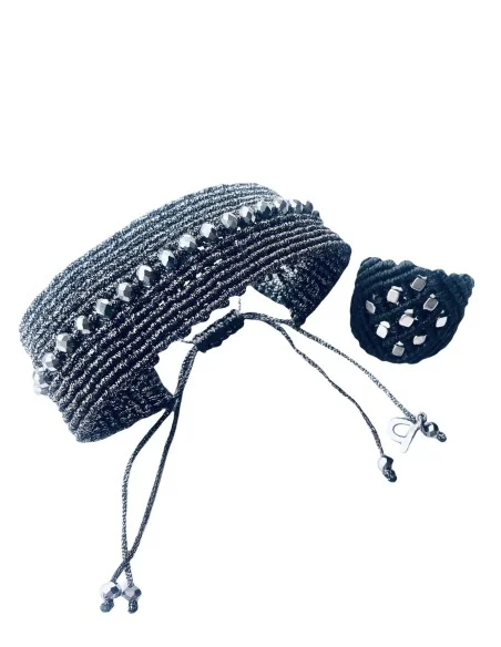 Χειροποίητο γυναικείο μακραμέ σετ βραχιόλι δαχτυλίδι με πέτρες Αιματίτη και κρύσταλλα Τσεχίας Starlight