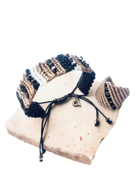 Κόσμημα χειροποίητο γυναικείο σετ μακραμέ δαχτυλίδι και βραχιόλι σε γήινες αποχρώσεις Frinda