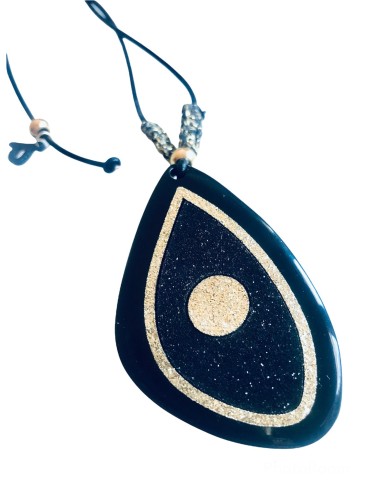 Χειροποίητο κόσμημα κολιέ με στοιχείο μάτι σε τριγωνικό ακανόνιστο σχήμα σε μαύρο και χρυσό γκλίτερ σε κορδόνι Noir