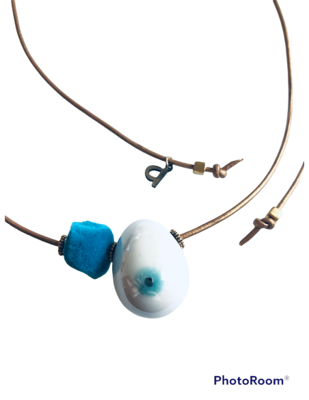 Χειροποίητο κολιέ μάτι από σμάλτο με πον πον